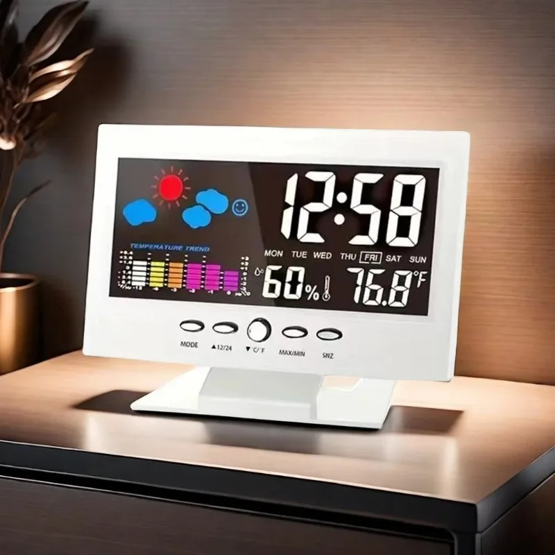 Voice Control Backlight Digital Clock Temperature Humidity Weather Forecast Date Week 12/24H Electronic Desk Clock
