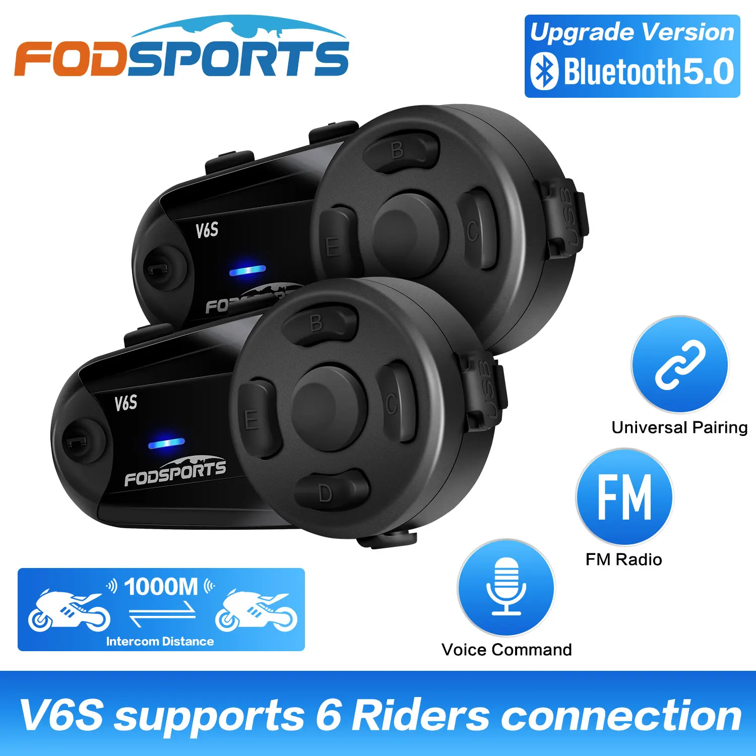 Fodsports V6S Helmet Intercom Motorcycle Bluetooth Headset 1000m IP65 Waterproof 6 Rider Wireless Interphone BT5.0 FM Radio 