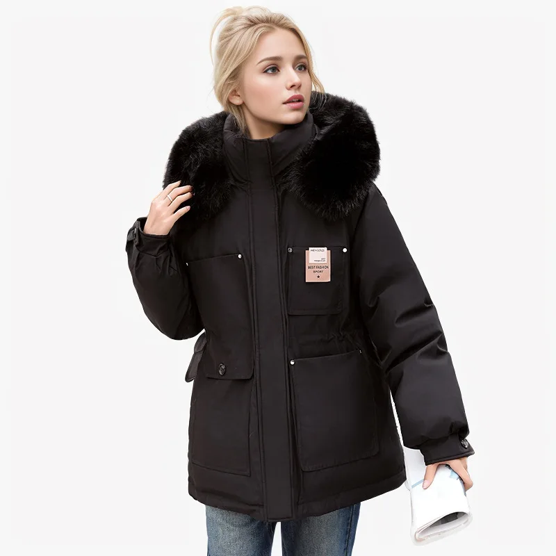 2024 New Winter Woman Parka Jacket Thick Warm Cinched Waist Hooded Large Fur Collar Snow Wear Female Down Cotton Padded Coat