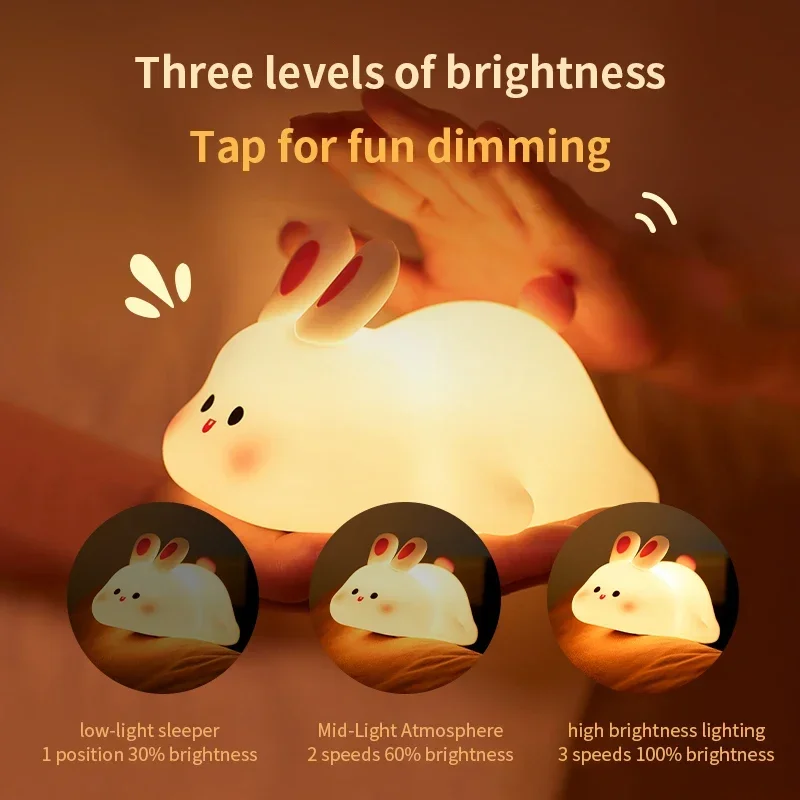 Cute Rabbit Night Lights for Children, Silicone Timing recarregável, lâmpada de dormir, presente de aniversário, luz para cabeceira, decoração do