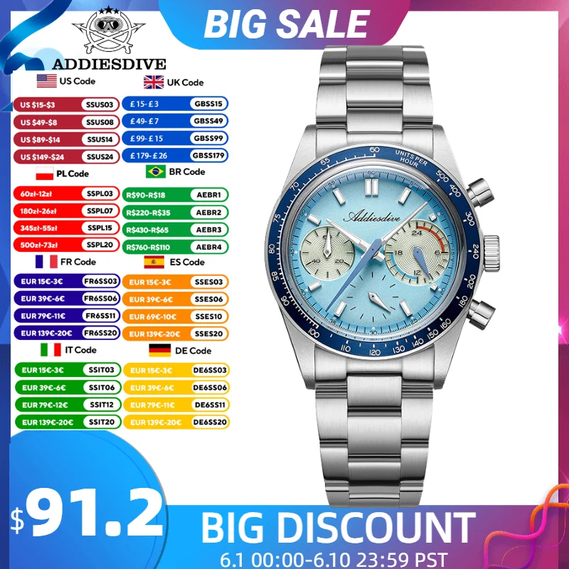 

ADDIESDIVE VK63 Chronograph Men Watches Super Luminous Luxury Quartz Wristwatch Domed Glass Diving 100m Waterproof New Watch