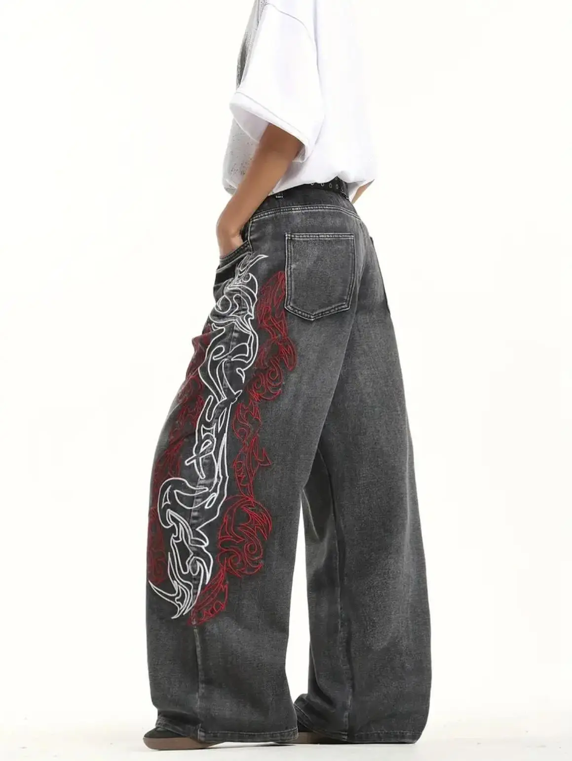 Y2K High Street Darkแฟชั่นGothicกางเกงยีนส์UnisexอเมริกันHarajuku BaggyตรงกางเกงHip Hop Rock Trendกางเกงกว้าง