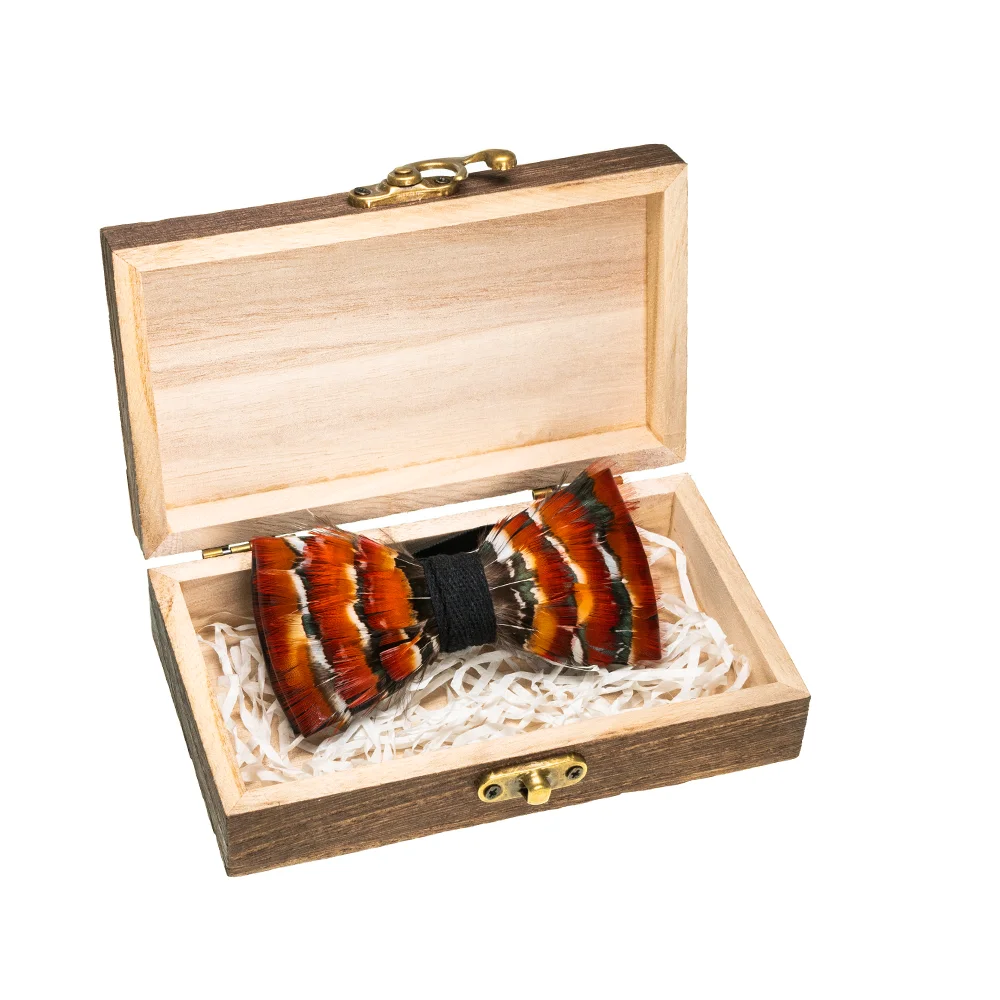 EASTEPIC Stylish Golden Bow Ties for Men Children\'s Accessory Adjustable Strap Wooden Box Wedding Party Natural Peacock Feather