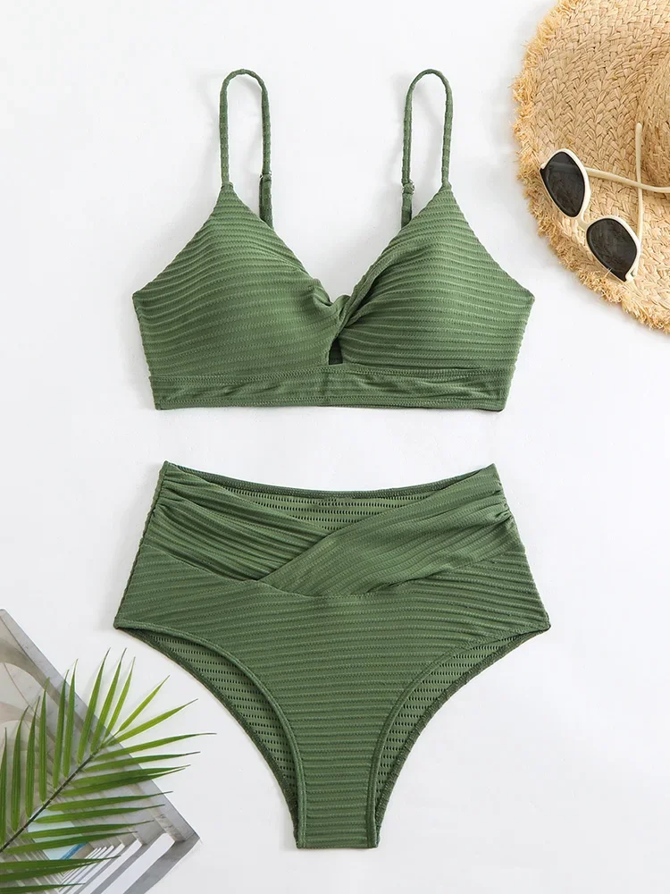 

UETEEY 2025 New Summer Swimwear Bikini Set Sexy High Waist Pleated Bikini 2 Piece Set Women Solid Split Swimsuit Beach Bikinis