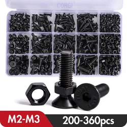 200/340/360 Pcs Socket Flat Head Screw Kit M2 M2.5 M3 DIN7991 Black Grade 10.9 Hex Nuts Countersunk Bolts Screws Assortment Set