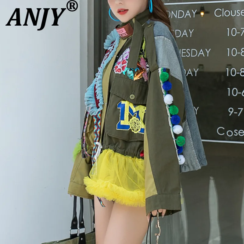 

ANJY Autumn Winter New Women's European Trendy Heavy Embroidery Lace Denim Jacket Fashion Streetwear Patchwork Loose Coat A13887