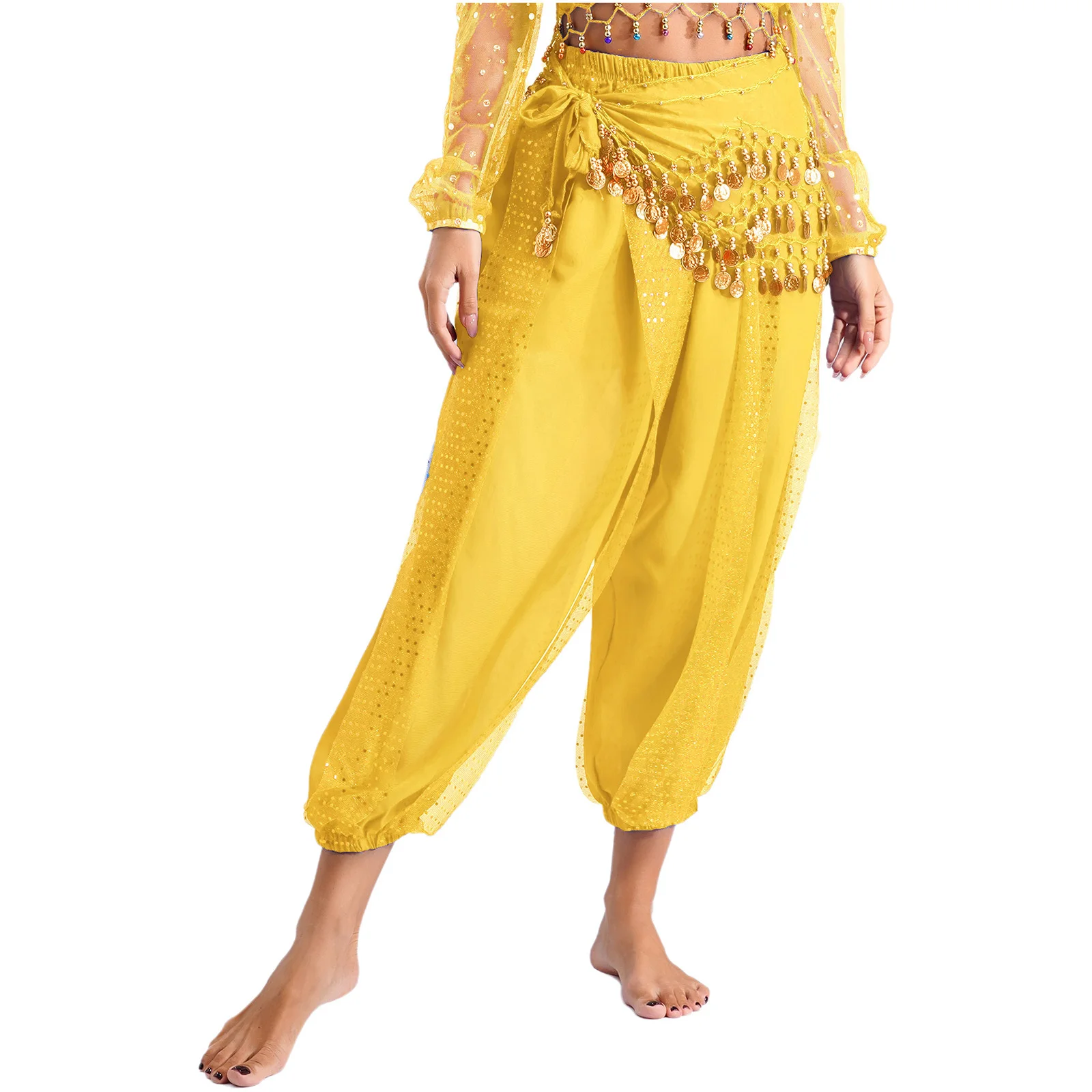 Womens Belly Dance Costume Elastic Waistband Sequined Layer Bloomers Harem Pants and Lace-up Hip Scarf Halloween Party Costume