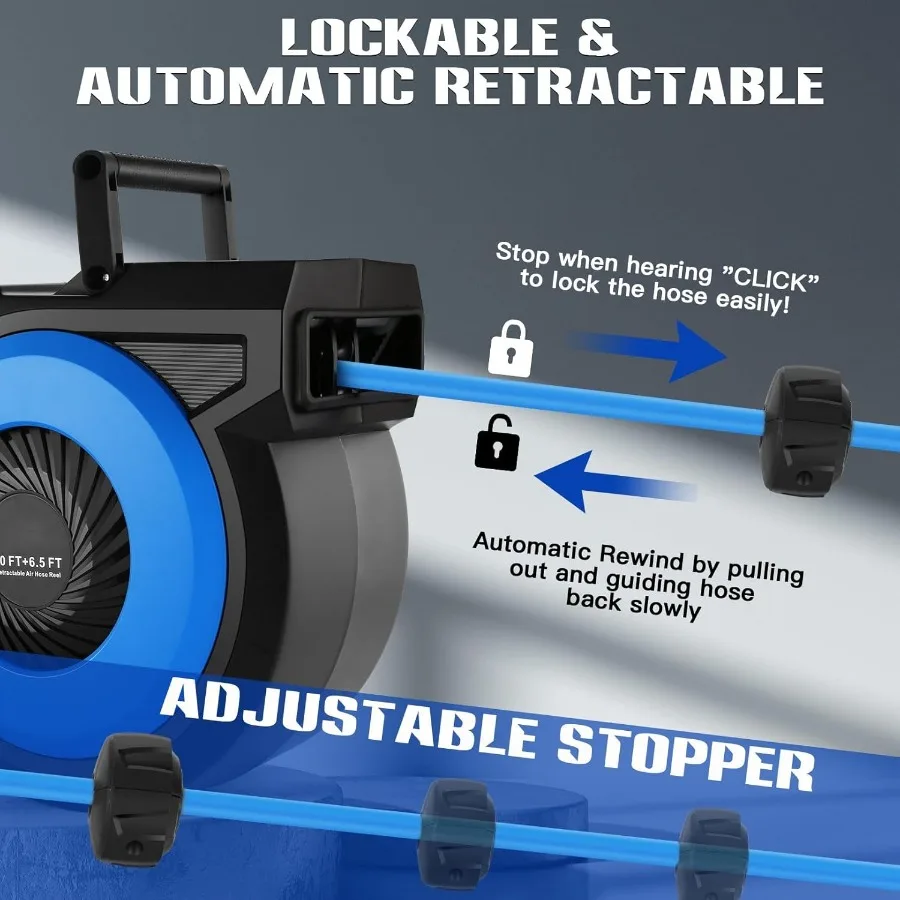 Enrouleur de tuyau d'air rétractable 80 pieds + 6,5 pieds, moulinet de tuyau pneumatique mural pour atelier de garage, rembobinage automatique 3 8x80'air hybride