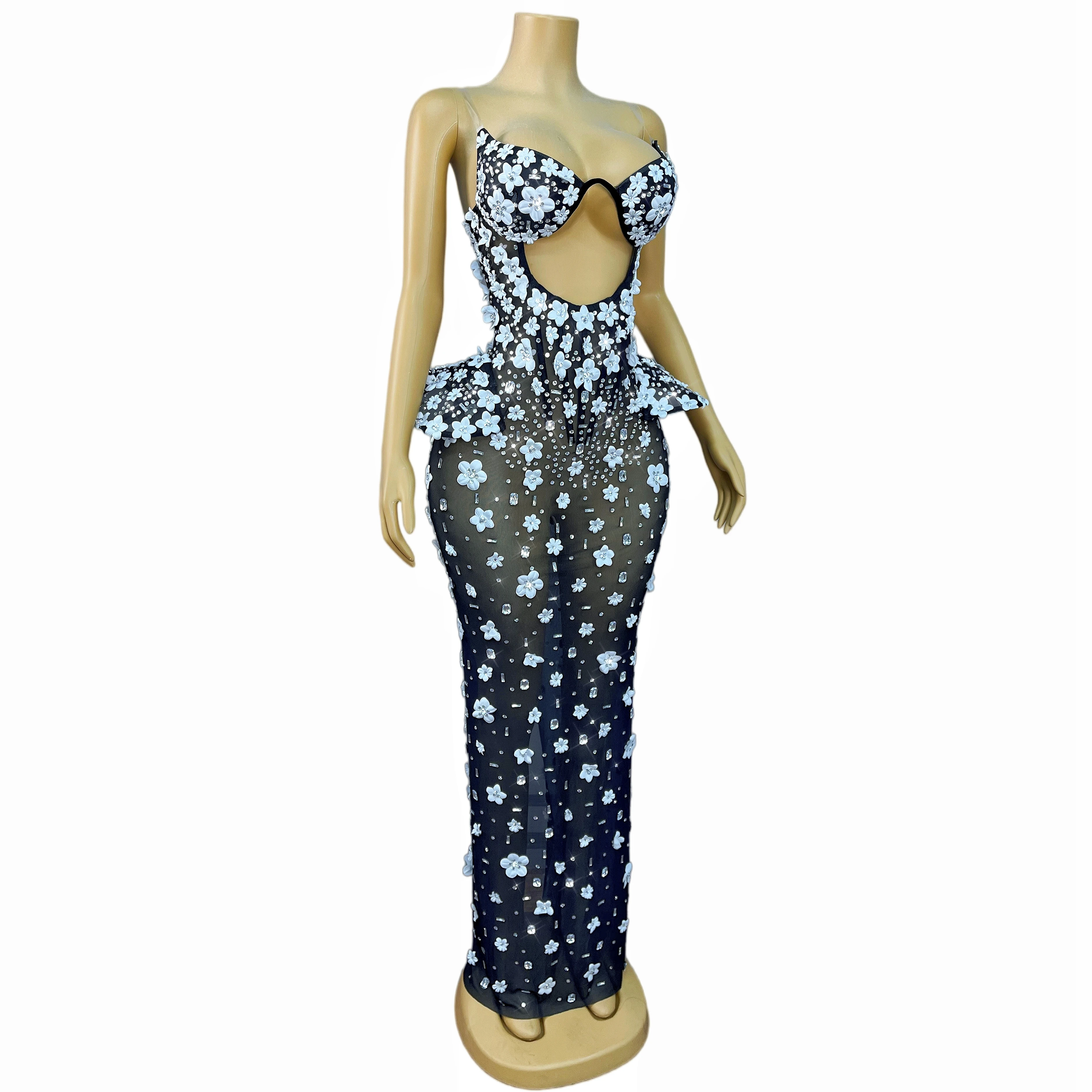 Flashing Rhinestones White Petals Elegant Gown Sexy Transparent Mesh Dress Evening Party Gown Red carpet Show Outfit Bailianhua view 5