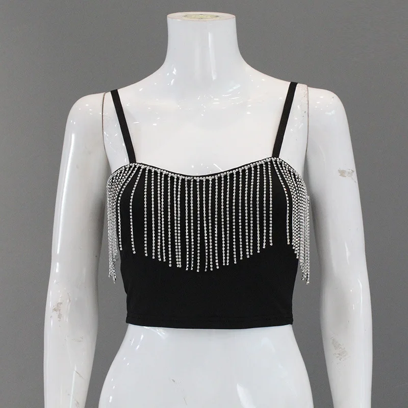 Sexy Rhinestones Fringe Cami Crop Top for Women 2026 Summer Fashion Spaghetti Strap Bustier Glitter Tank Tops Club Night Tees