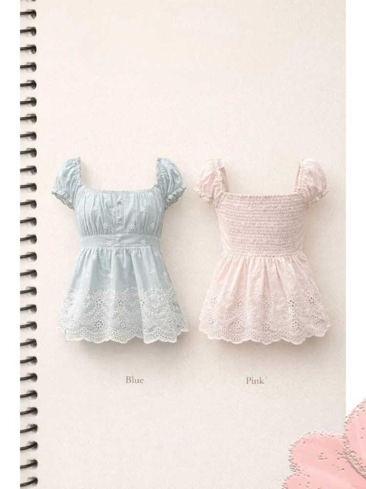 Summer New French Square Collar Women's Stitching Embroidery Short Sleeve Slim Shirt Lace Sweet Casual Short Tops Female 2026