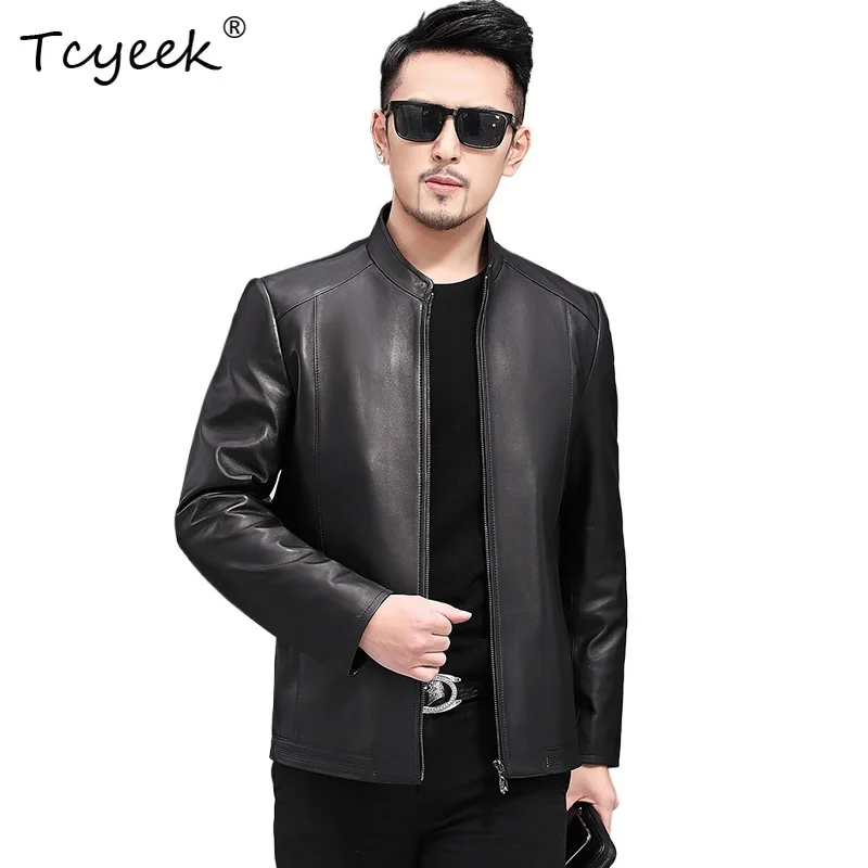 Tcyeek جلد الغنم ربيع الخريف الراقية العصرية الوقوف طوق أسود قصير الرجال سترة جلدية حقيقية كرداناتكا كوزاناهنا موسغراكيا #1