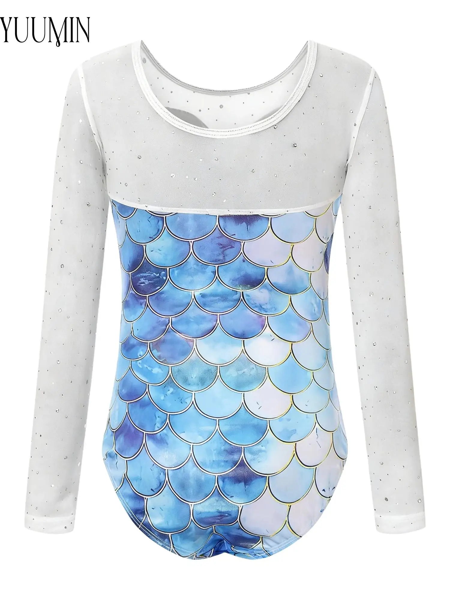 Girls Gymnastics Leotard Fish Scale Sequins Mesh Long Sleeve with Shorts Hairband Set for Dance Stage Performance