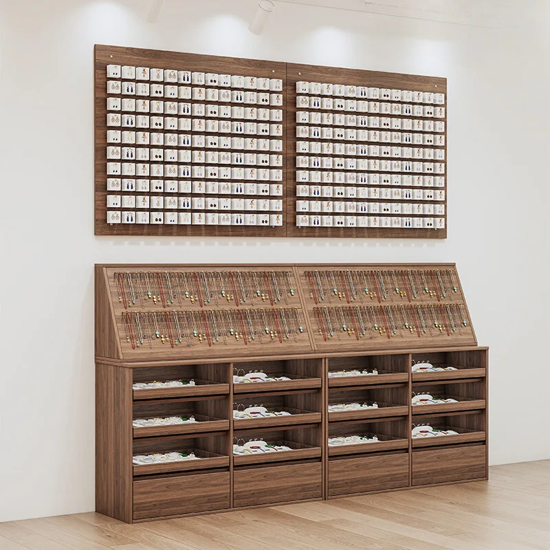 Solid wood jewelry cabinets, island display tables, earrings, plaid cabinets, necklace racks, wall display cabinets, display tab