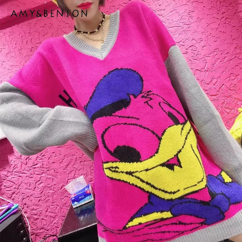 

Cartoon V-Neck Pullover Sweater For Women's Winter Loose Fit Soft And Comfortable Thick Knitted Top Long-sleeves Knitwear Coat