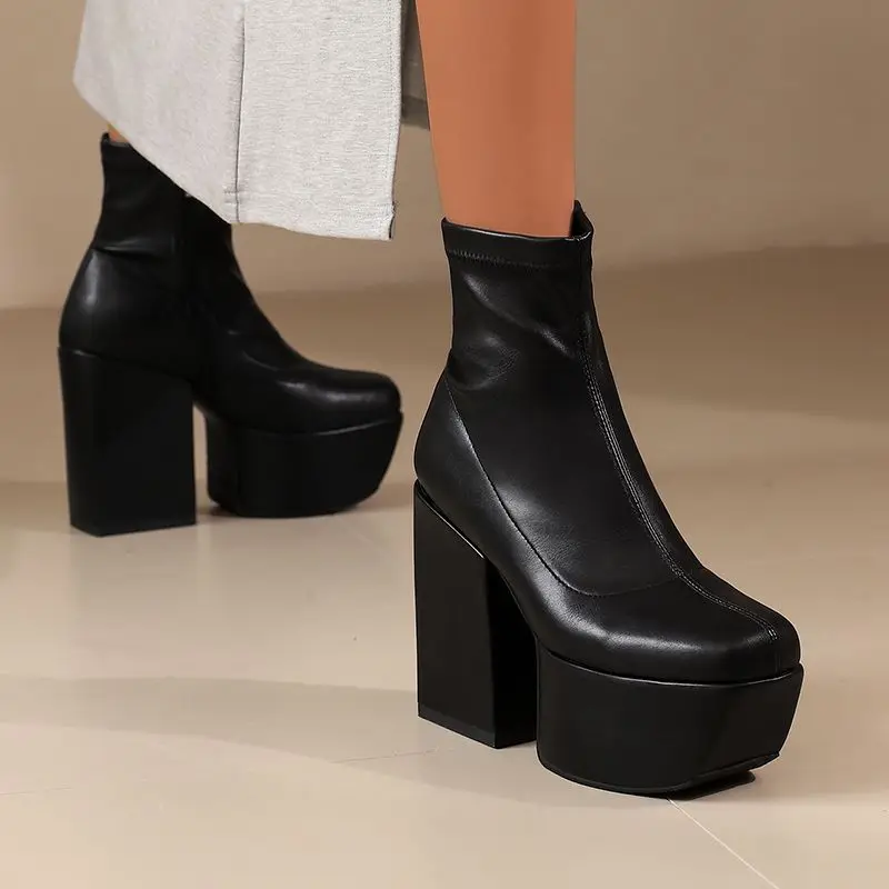 ORCHALISA مثير براءات الاختراع والجلود النساء عالية منصة حذاء من الجلد حذاء بكعب سميك 12 سنتيمتر أسود أحمر Pluz حجم 46 47 48 يؤرخ بوتا #4