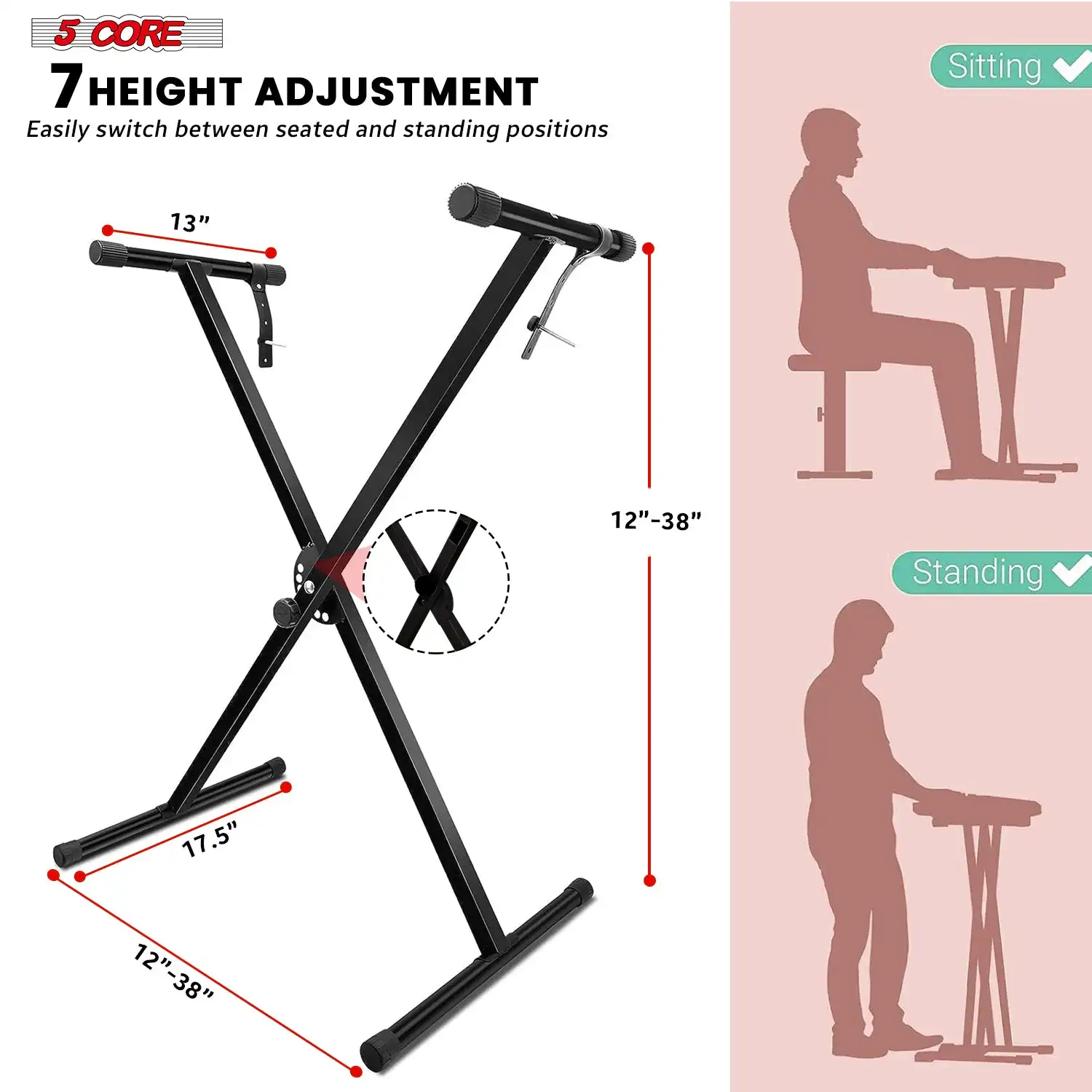 5 Core Keyboard Stand Single X Style Adjustable Lift Piano Riser For 49 - 88 Keys KS 1X BLK