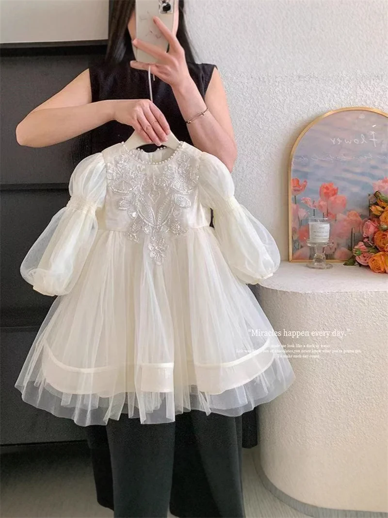 Girls' Princess Mesh Dress New Long-sleeve Puffy Gown Kids Birthday Party Tulle Vestidos Fashion Children Clothing 3-10 Years