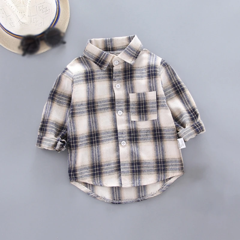 Spring Fall Kids Clothes Cotton Plaid Long Sleeve Letter Print Shirts Toddler Children Retro Classic Designed Versatile Top Coat