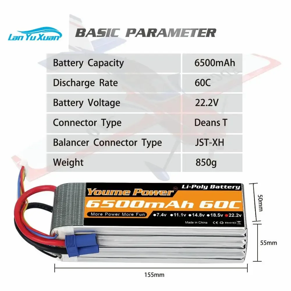 2PCS  6S Lipo Battery 6500mah 22.2V EC5 XT60 T for E-Flite Airplanes  Align T-REX 550 700 Quadcopter Helicopters 60C