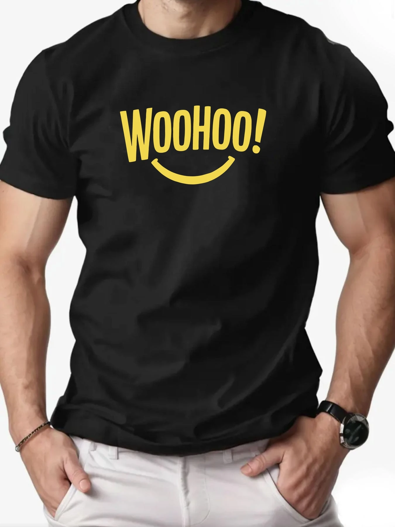 

Cartoon T shirts 100% Cotton WOO HOO！ Printing Pattern Men's Round Neck Casual Short Sleeve Summer Breathable Top Tees