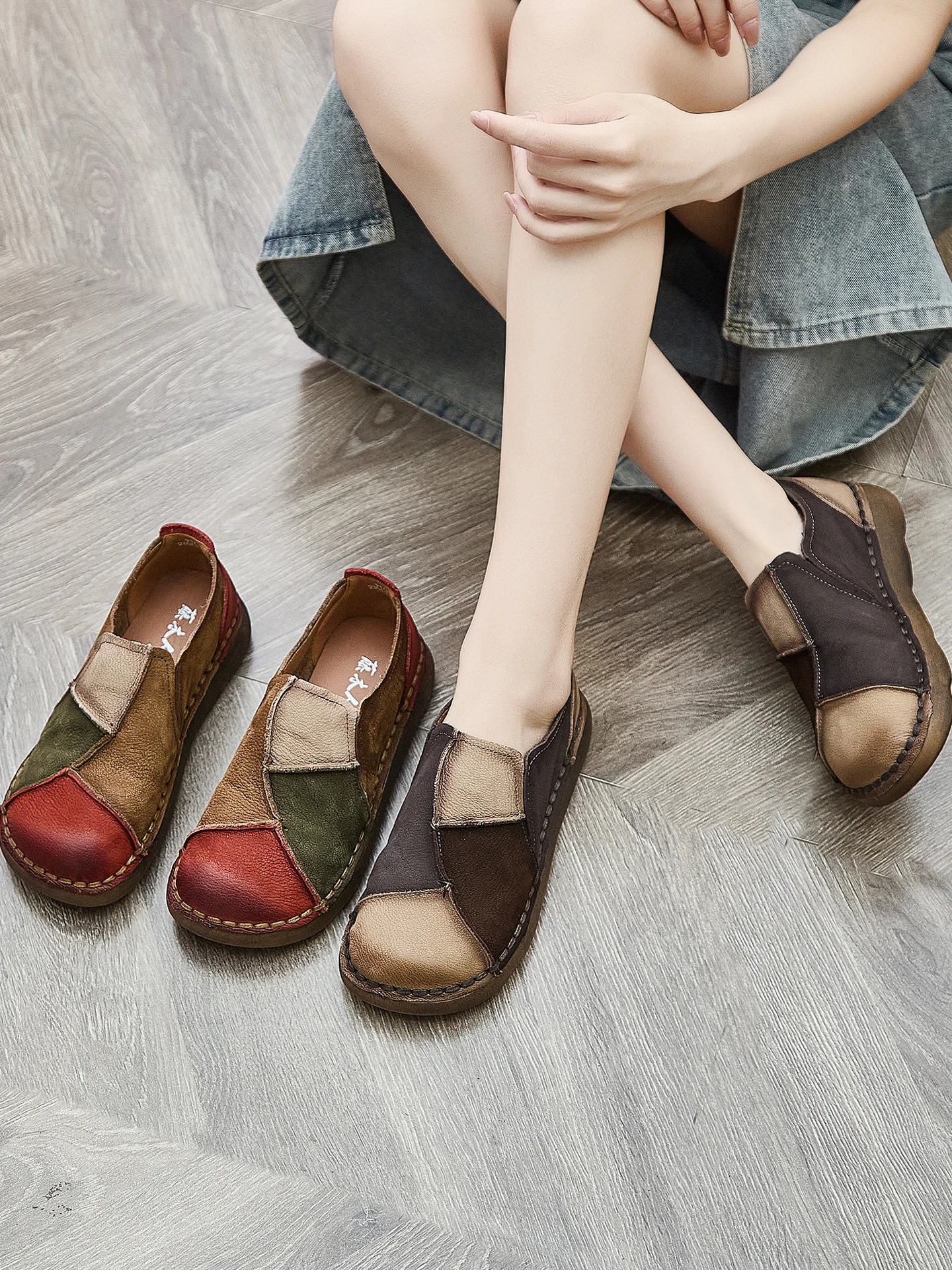 Retro American Trendy Leather Shoes New Style Spring Autumn Mom Casual Flat Bottom Genuine Leather Patch Women's Shoes
