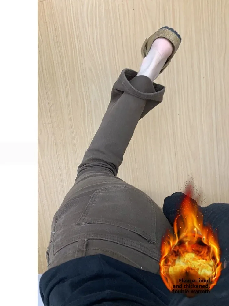 

Brown Fce Lined Thiened Micro Flared Denim Pants Women's High Waist Elastic Hoof Pants Casual Comfortable Breathable