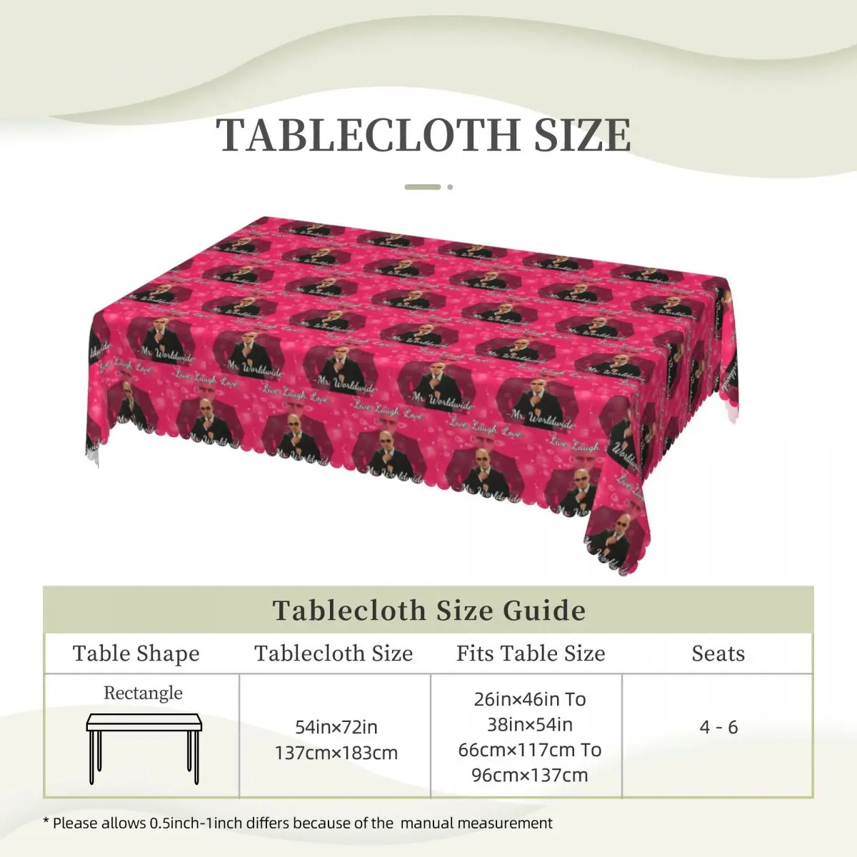 Mr Worldwide Live Laugh Love Customized Rectangular Tablecloth Oilproof Table Cover for Dining Events Table Cloth