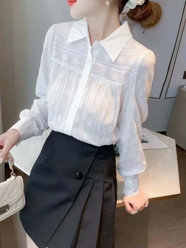 

White French Puff Sleeve Long Shirt for Women Autumn New Style Cleanfit Poly Fabric A-Line Sleeve Thin Non-Shrinkage Short Sl...