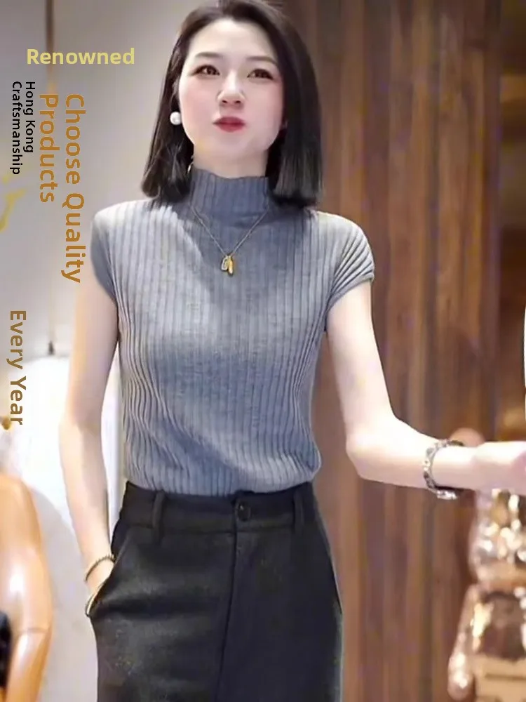 

Корейский вязаный свитер с высоким воротником и коротким рукавом, облегающий, модный, однотонный, для ношения под одеждой, лето 2026