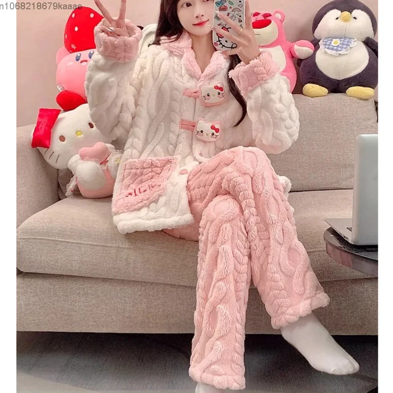 Sanrio Hello Kitty Autumn Winter Coral Fleece Thick Warm Pajamas For Women Set Cute Fashion Sleepwear Trend Casual Home Clothes