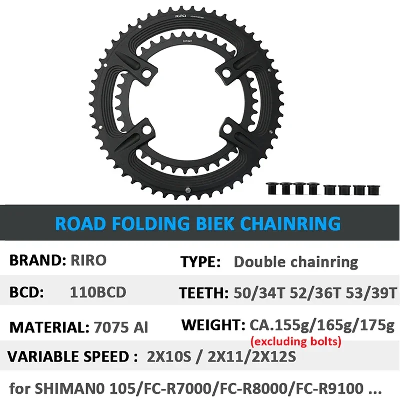 RIRO 110bcd Road Double Chainring for Shimano 105 R7000 R8000 R9100 Crankset 110BCD Chain Ring Bike Chainwheel 53 39 52 36 50 34