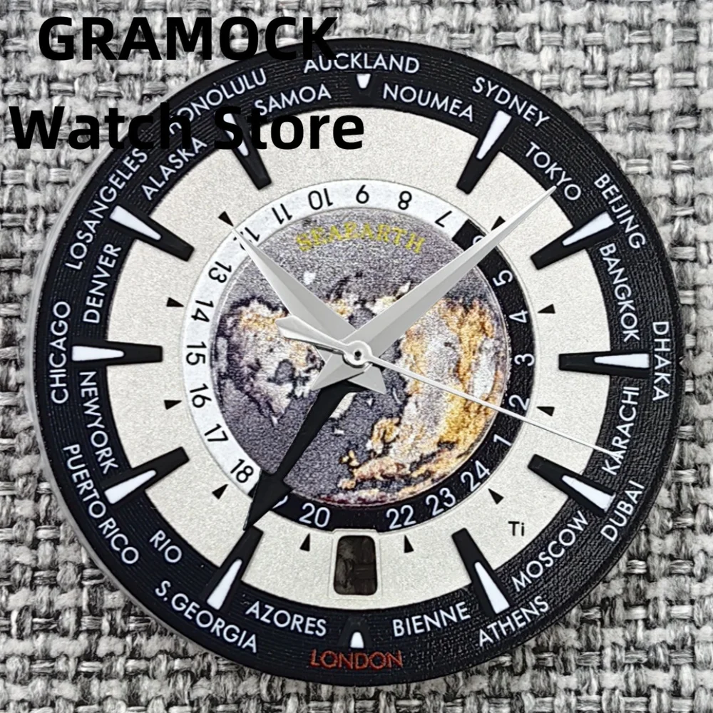 GRAMOCK 33.5mm Universal Time Black Blue Green Watch Dial 6 o 'clock Date With GMT NH34 4 Hands Luminous Fit NH34 4R34 Movement