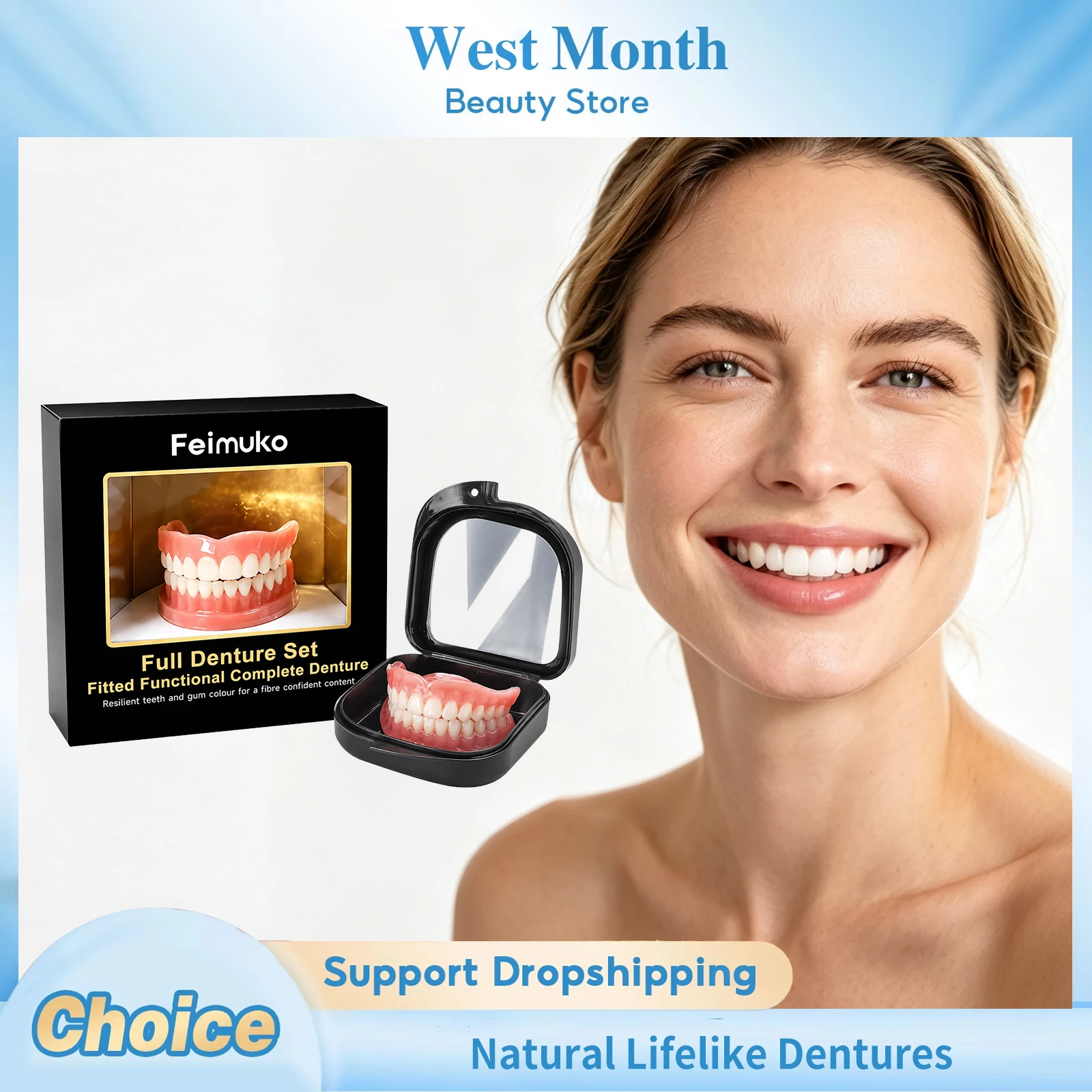 Premium Custom Upper & Lower Full Mouth Silicone Dentures Anti Shift Portable Comfortable Realistic Denture Box Daily Oral Care