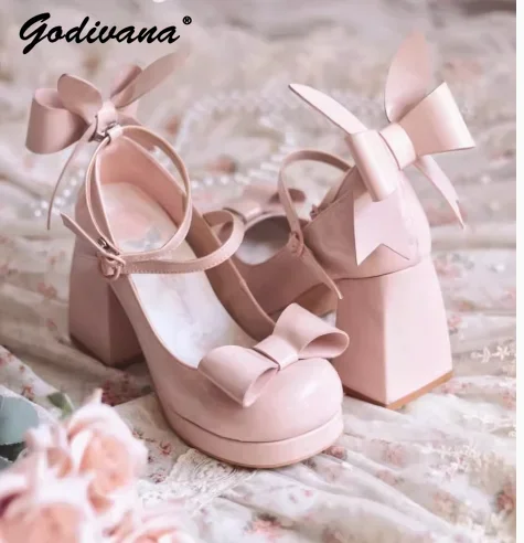 

Lolita Rabbit Ear High Heels Original Design Female Girls Sweet Pure Color Mary Jane Leather Shoes Elegant Pumps