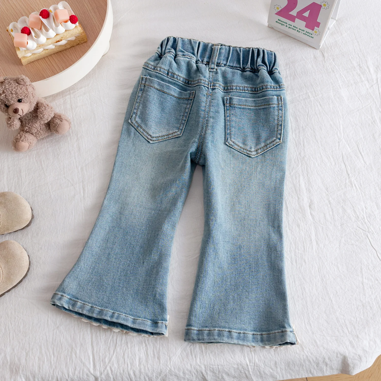 New Fashion Kids Girls Jeans Pants Bead Lace Denim Girl Trousers Children's Stretch Waist Solid Pants Casual Bell-bottoms
