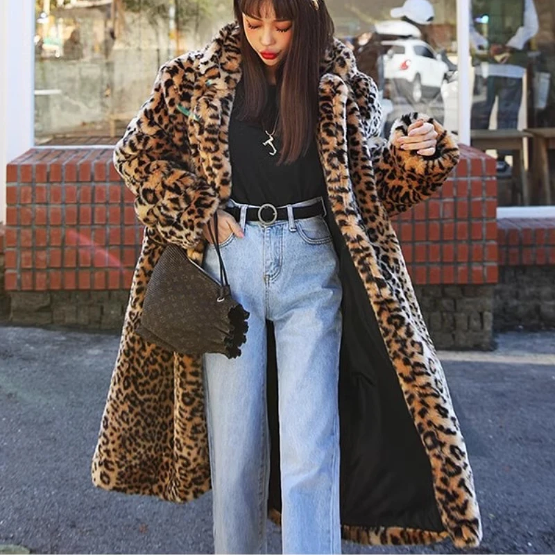 Women Faux Fur Coat Vintage Harajuku Hot Sale Luxury Brand Puffy Versatila Lapel Leopard Print Fur Jacket Mid-length Coat Long