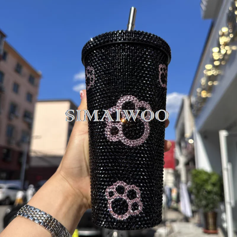 Customizable Blinged Straw Cup Thermal Insulation Tumbler Rhinestone Stainless Steel Water Bottle 500ml Coffee Mug Handmade Gift