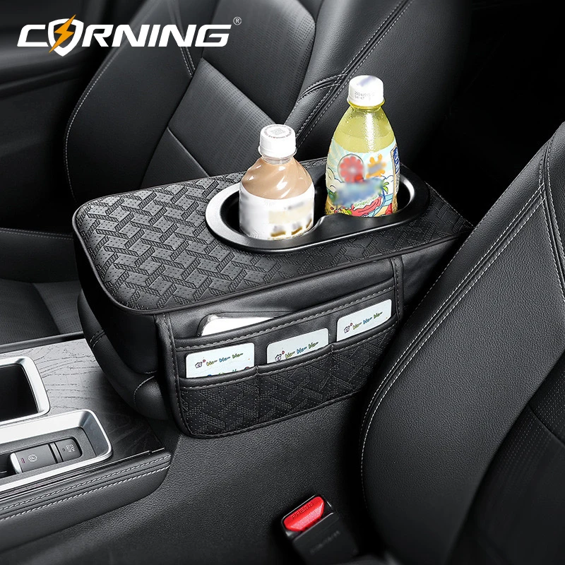 Car Armrest Cushion 6.5cm Thicken Height PU Leather Center Console Arm Rest Pad with Cup Holder Memory Cotton Elbow Support