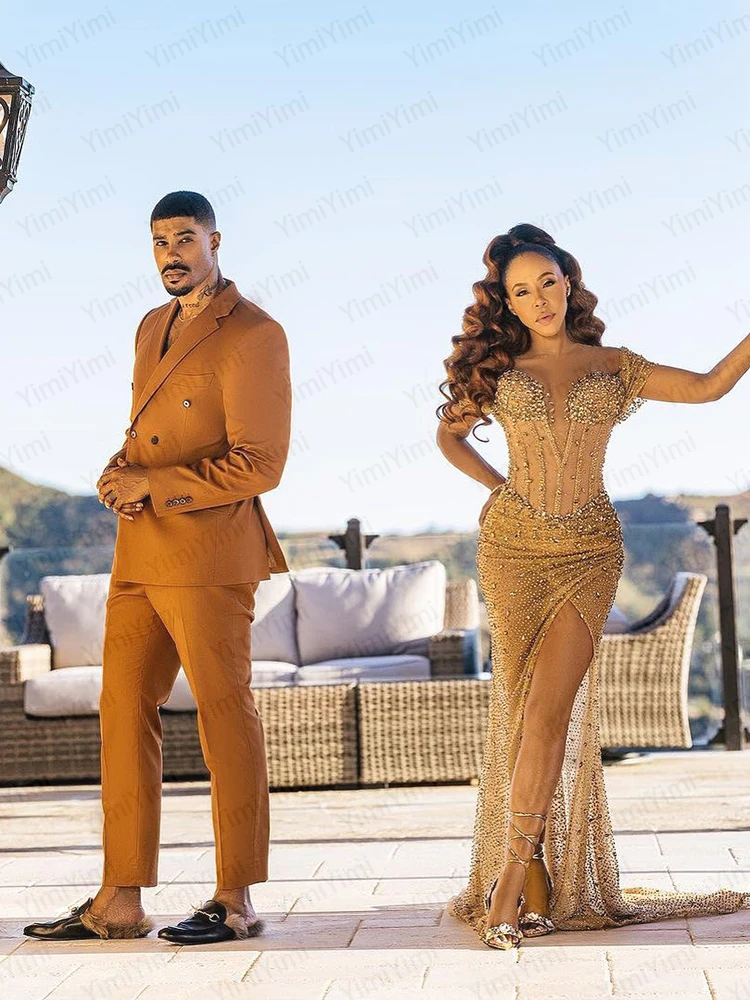 Costumes pour hommes marron 2 pièces revers cranté Double boutonnage robes de soirée costume pour hommes mariage marié bal Blazer personnalisé