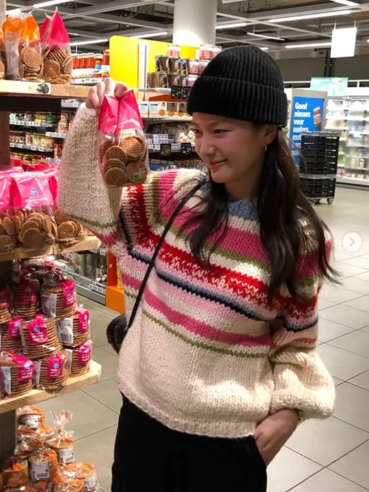 

Retro Lazy Sle Women's Knitted Sweater Heavyweight Thiened Winter New Arrival Rainbow Stripes Overhead Pullover Top