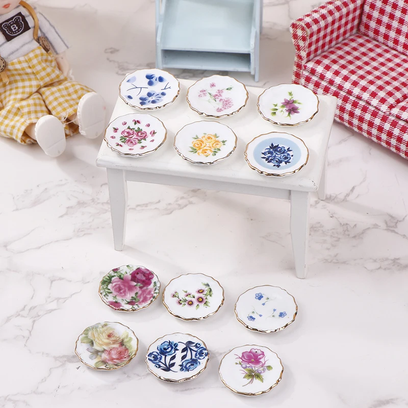 

1Pc Dollhouse Miniature Handmade Ceramic Dishes Printed Plate Model DIY Kitchen Tableware Scene Decor Kids Pretend Play Toys