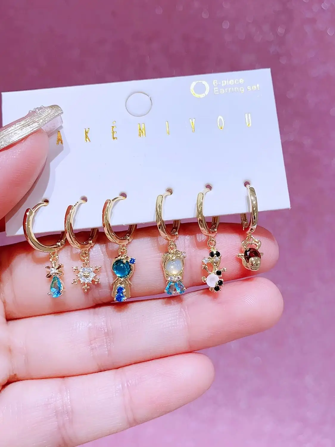 MIGGA 6pcs Fairy Tales Frozen Princess Dangle Earrings Set Gold Plated Huggie Earrings Women Jewelry