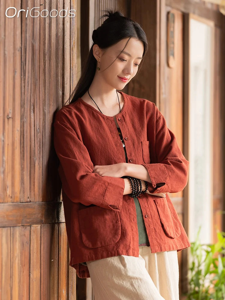 OriGoods 2024 Spring New Coat Women Chinese style National Coat Shirt Ramie Cotton O-neck Liziqi Eastern Zen Style Tops C026