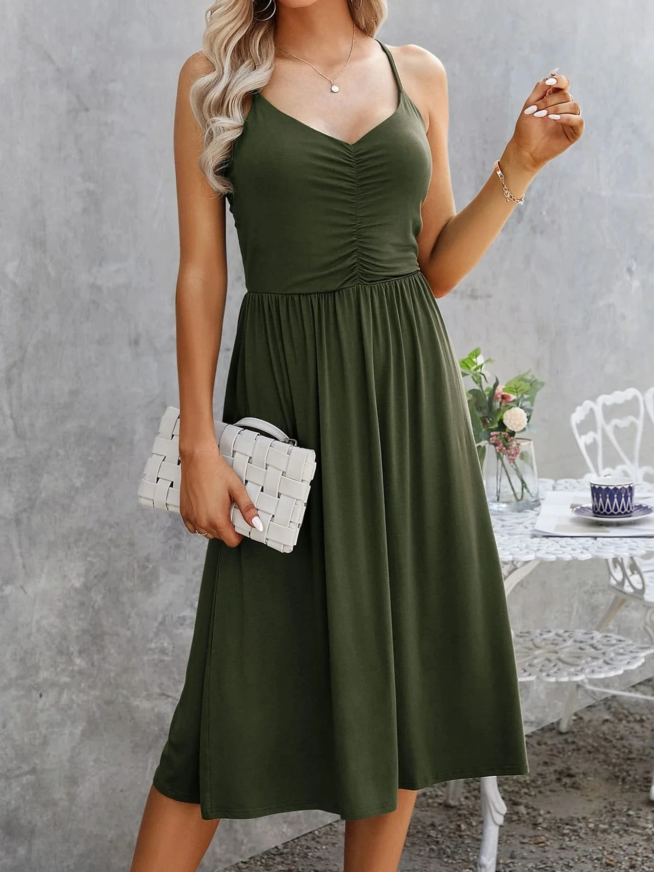 

Women Dresses 2026 Spring Summer New Solid Color V-Neck Sleeveless Slim Fit Daily Backless Casual Camisole Long Dress