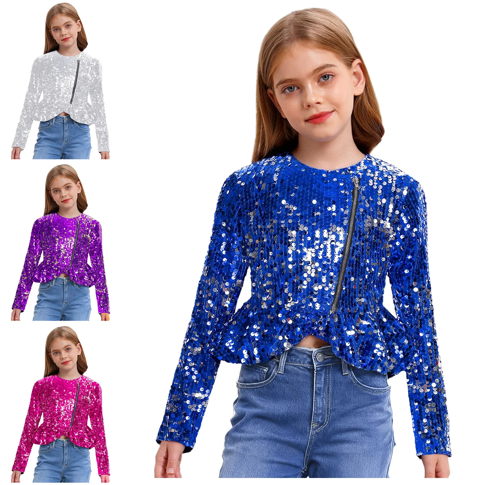 Girls Shiny Sequin Cardigan Jacket Double-zip Long Sleeve Ruffled Peplum Cropped Outerwear for Birthday Wedding School Party