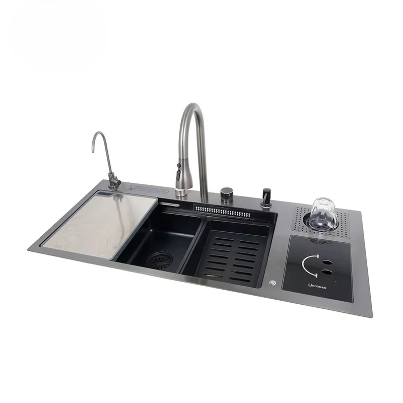 Latest luxury black nano kitchen sink single bowl square counter installation trash can lid garbage disposal