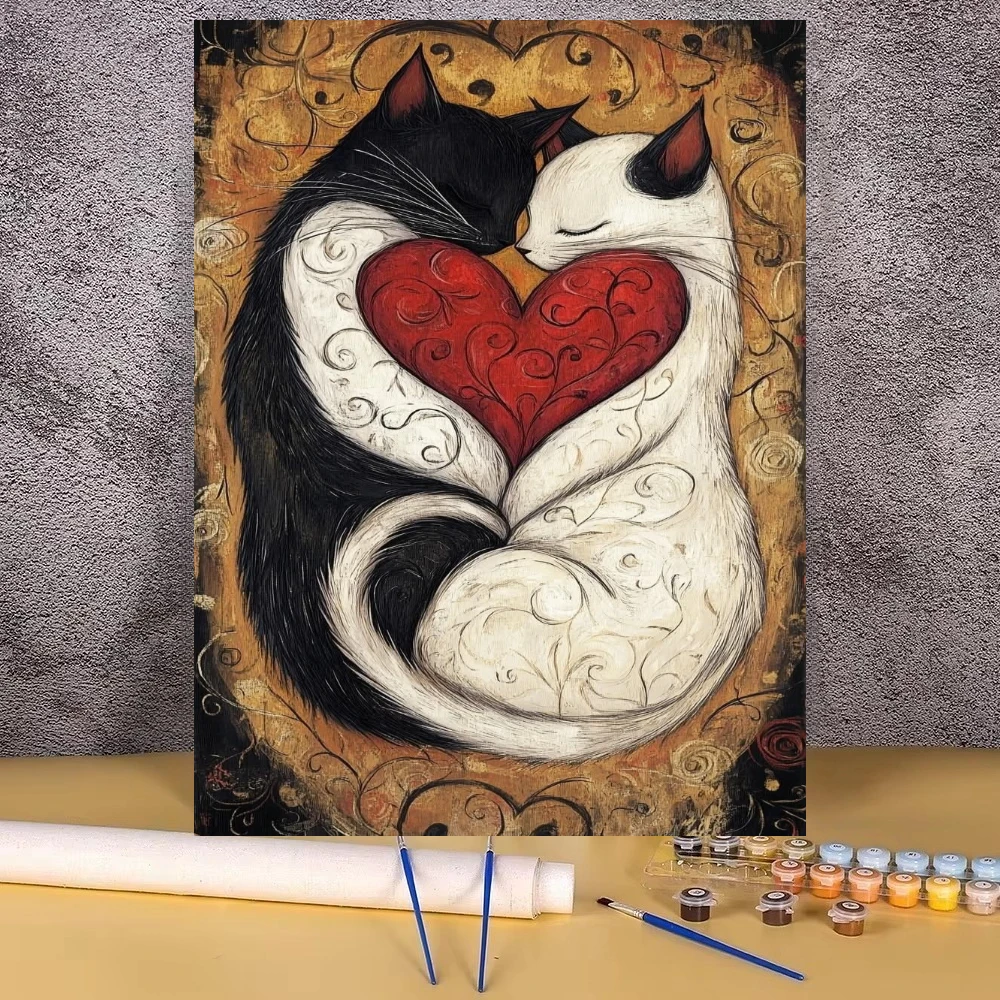 Black White Cat Heart Love Wall Decor Oil Painting By Numbers for Living Room Bedroom Perfect Gift No Frame