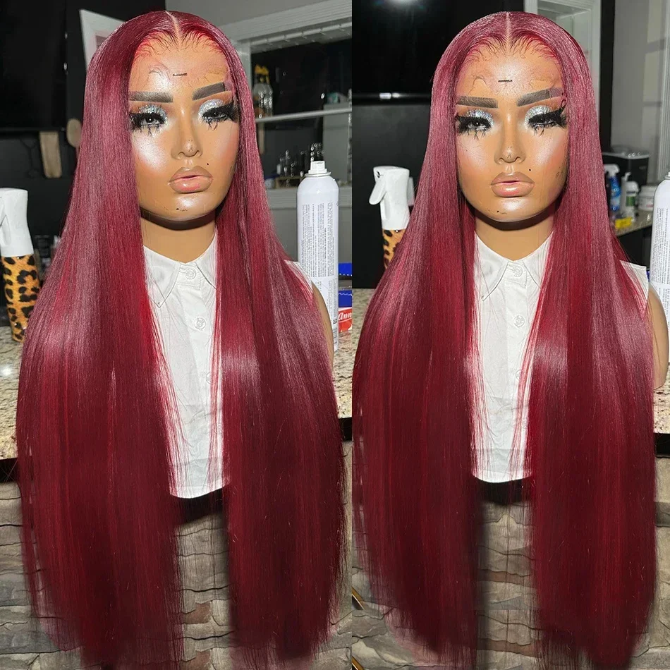 Straight Burgundy 99J 13X4 13x6 HD Lace Front Human Hair Wigs 5x5 Glueless Wig 180 Density 32 Inch Red Colored for Women