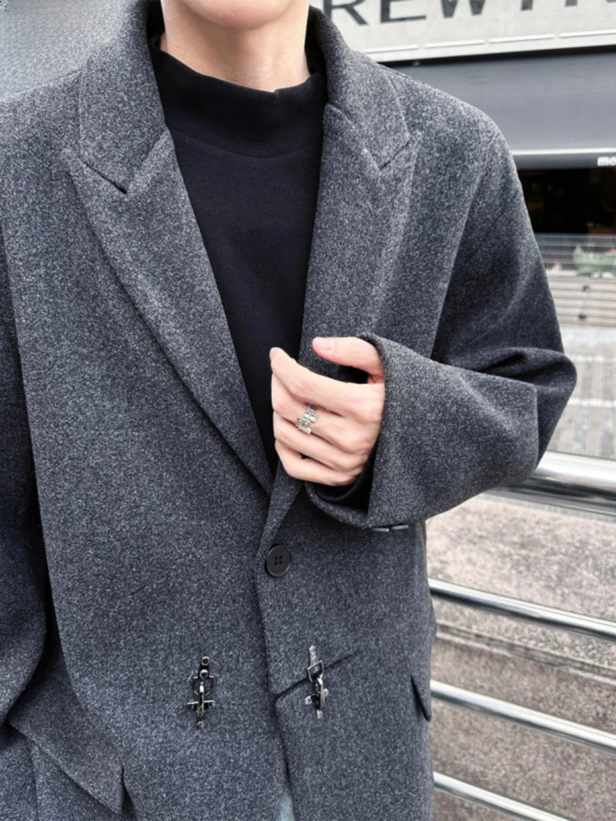 Cleanfit Men's Short Shoulder Woolen Jacket Autumn Winter Fashionable Notch Lapel Suit Coat Warmth Stylish Plane Button
